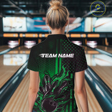 Load image into Gallery viewer, Custom Green Patrotic Flame Bowling Women Polo Shirt, US Flag Bowling Jersey IPHW11157