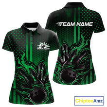 Load image into Gallery viewer, Custom Green Patrotic Flame Bowling Women Polo Shirt, US Flag Bowling Jersey IPHW11157