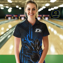 Load image into Gallery viewer, Custom Blue Patrotic Flame Bowling Women Polo Shirt, US Flag Bowling Jersey IPHW11158