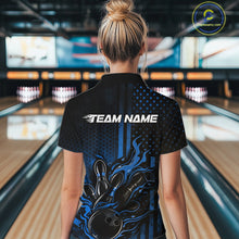 Load image into Gallery viewer, Custom Blue Patrotic Flame Bowling Women Polo Shirt, US Flag Bowling Jersey IPHW11158
