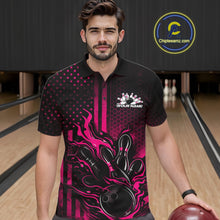 Load image into Gallery viewer, Custom Pink Patrotic Flame Bowling Men Polo Shirt, US Flag Bowling Jersey IPHW11159