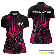Load image into Gallery viewer, Custom Pink Patrotic Flame Bowling Women Quarter-Zip Shirt, US Flag Bowling Jersey IPHW11159