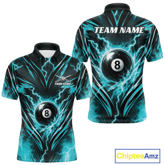 Custom short-sleeve polo shirt with a black and teal lightning-bolt graphic and an 8-ball illustration, shown from both front and back on a white background. The back features a large 8-ball and customizable 'TEAM NAME' text.