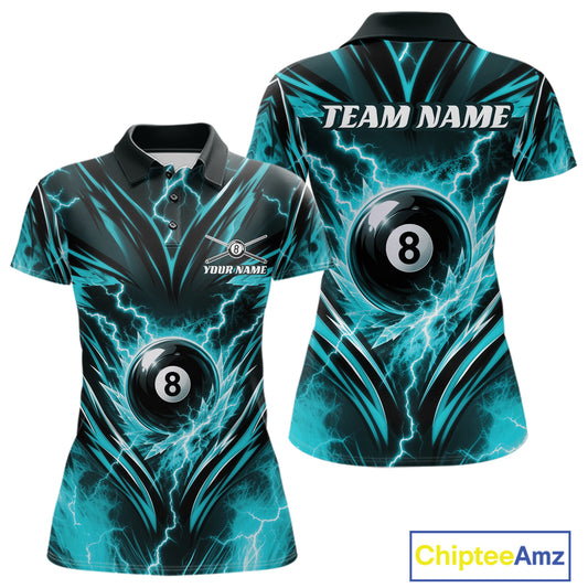 Custom short-sleeve polo shirt shown from the front and back, featuring a black and teal lightning-bolt graphic with a large 8-ball design and customizable text areas on the chest and back.
