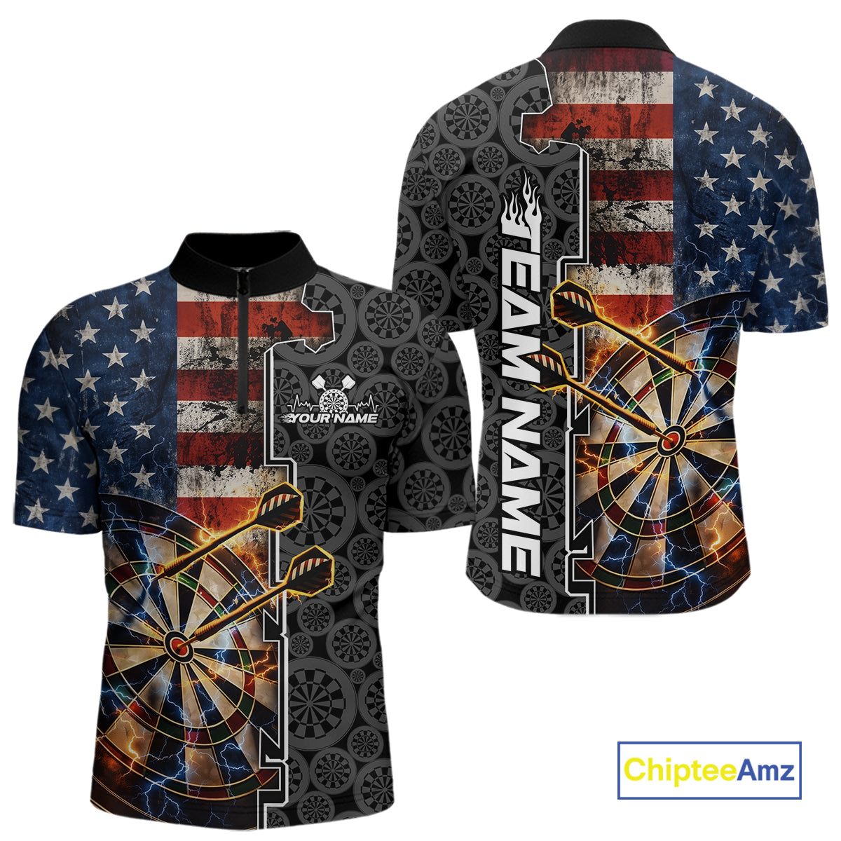 Custom Grunge US Flag Lightning Dartboard Patriotic Dart Team Men Quarter-Zip Shirt Dart Jerseys IPHW10387