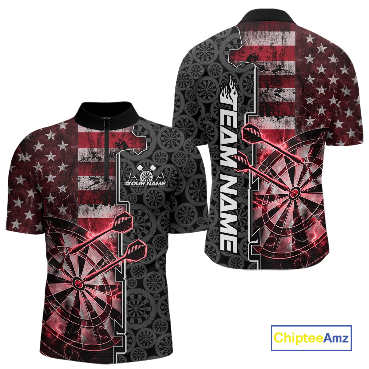 Custom Red Lightning US Flag Dartboard Patriotic Dart Team Men Quarter-Zip Shirt Dart Jerseys IPHW10389