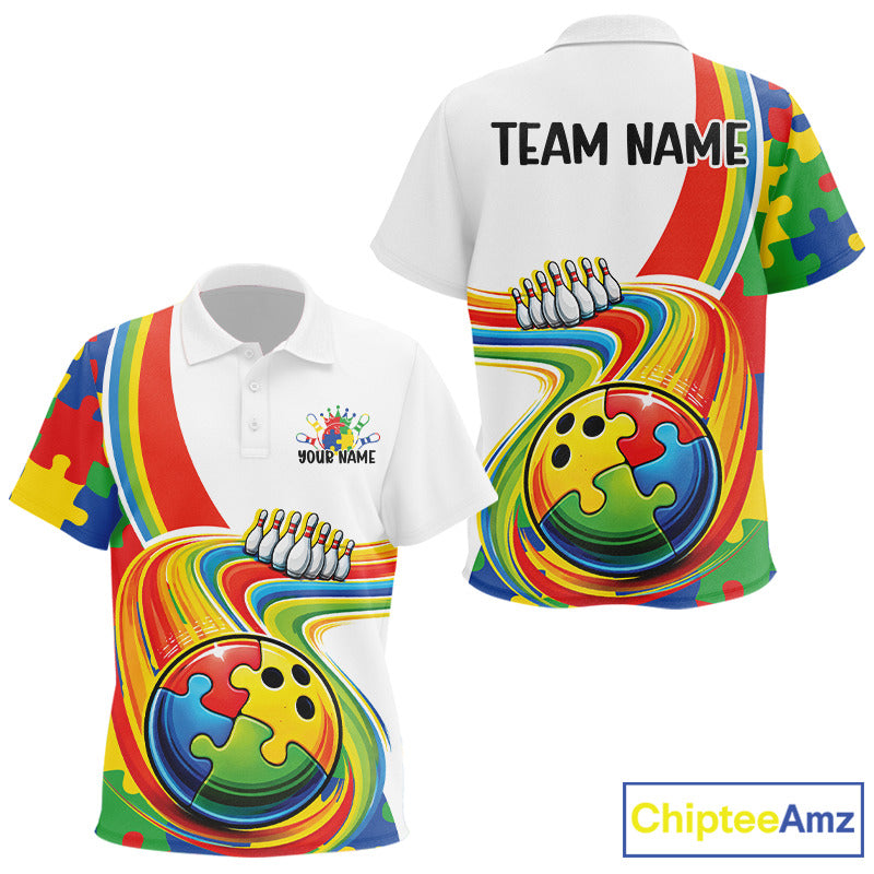 Kid polo shirt mockup front and back showcasing colorful autism bowling lane design with bright puzzle graphics and playful styling