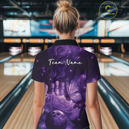 Custom Purple Butterfly And Roses Bowling Women Polo Shirts, Ladies Bowling Team IPHW10877