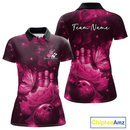 Custom Pink Butterfly And Roses Bowling Women Polo Shirts, Ladies Bowling Team IPHW10878