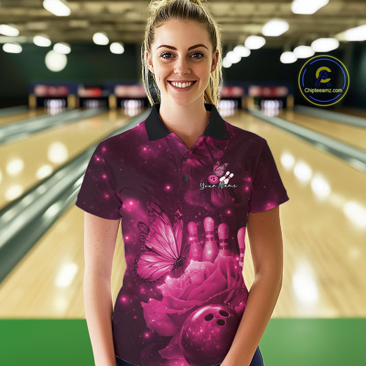 Custom Pink Butterfly And Roses Bowling Women Polo Shirts, Ladies Bowling Team IPHW10878