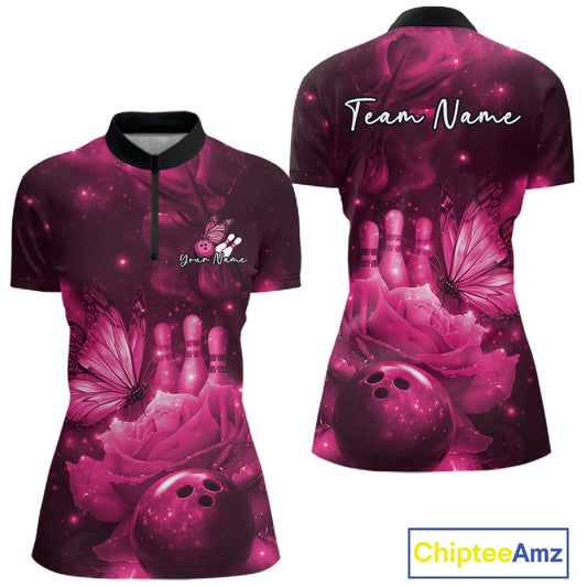 Custom Pink Butterfly And Roses Bowling Women Quarter-Zip Shirts, Ladies Bowling Team IPHW10878