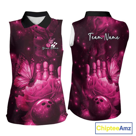 Custom Pink Butterfly And Roses Bowling Women Sleeveless Polo Shirts, Ladies Bowling Team IPHW10878