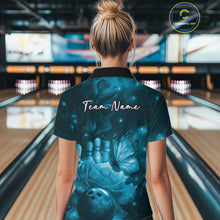 Load image into Gallery viewer, Custom Blue Butterfly And Roses Bowling Women Polo Shirts, Ladies Bowling Team IPHW10880