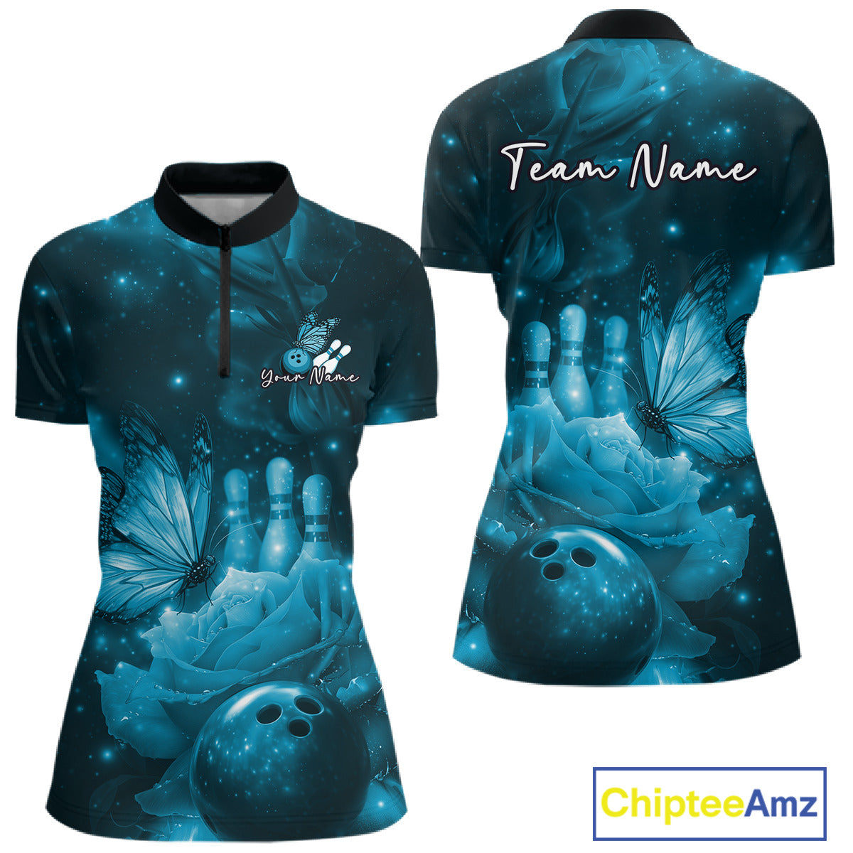Custom Blue Butterfly And Roses Bowling Women Quarter-Zip Shirts, Ladies Bowling Team IPHW10880