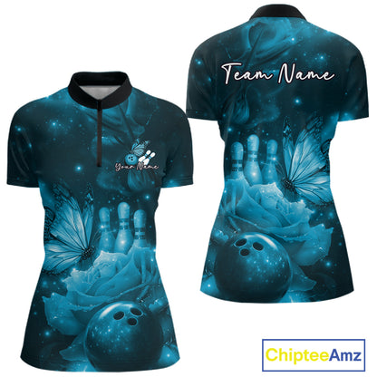 Custom Blue Butterfly And Roses Bowling Women Quarter-Zip Shirts, Ladies Bowling Team IPHW10880