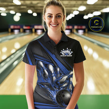 Load image into Gallery viewer, Custom Black And Blue Flame Bowling Team Jersey, Bowling Tournament Women Polo Shirt IPHW11206