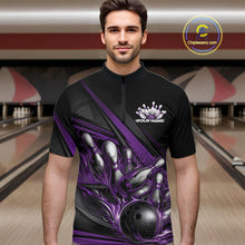 Load image into Gallery viewer, Custom Black And Purple Flame Bowling Team Jersey, Bowling Tournament Men Quarter-Zip Shirt IPHW11207