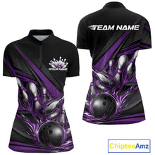 Load image into Gallery viewer, Custom Black And Purple Flame Bowling Team Jersey, Tournament Women Quarter-Zip Shirt IPHW11207