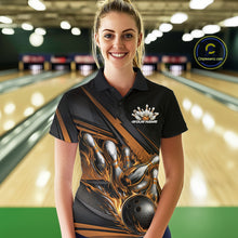 Load image into Gallery viewer, Custom Black And Gold Flame Bowling Team Jersey, Bowling Tournament Women Polo Shirt IPHW11209