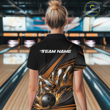 Load image into Gallery viewer, Custom Black And Gold Flame Bowling Team Jersey, Bowling Tournament Women Polo Shirt IPHW11209
