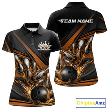 Load image into Gallery viewer, Custom Black And Gold Flame Bowling Team Jersey, Bowling Tournament Women Polo Shirt IPHW11209