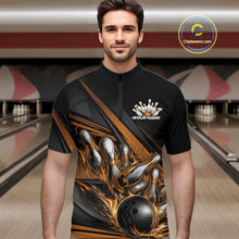 Load image into Gallery viewer, Custom Black And Gold Flame Bowling Team Jersey, Bowling Tournament Men Quarter-Zip Shirt IPHW11209