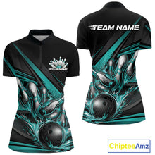 Load image into Gallery viewer, Custom Turquoise Blue Flame Bowling Team Jersey, Tournament Women Quarter-Zip Shirt IPHW11210