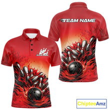 Load image into Gallery viewer, Custom Red Flame Bowling Tournament Men Polo Team Shirt, Fire Bowling League Shirt IPHW11215