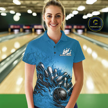 Load image into Gallery viewer, Custom Blue Flame Bowling Tournament Women Polo Team Shirt, Fire Bowling League Shirt IPHW11216