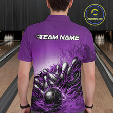 Load image into Gallery viewer, Custom Purple Flame Bowling Tournament Men Polo Team Shirt, Fire Bowling League Shirt IPHW11217
