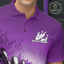 Load image into Gallery viewer, Custom Purple Flame Bowling Tournament Men Polo Team Shirt, Fire Bowling League Shirt IPHW11217