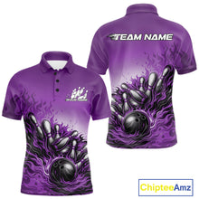 Load image into Gallery viewer, Custom Purple Flame Bowling Tournament Men Polo Team Shirt, Fire Bowling League Shirt IPHW11217
