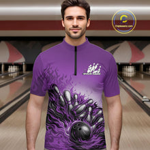 Load image into Gallery viewer, Custom Purple Flame Bowling Tournament Men Quarter-Zip Team Shirt, Fire Bowling League Shirt IPHW11217