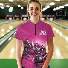 Load image into Gallery viewer, Custom Pink Flame Bowling Tournament Women Quarter-Zip Shirt, Fire Bowling League Shirt IPHW11218