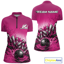 Load image into Gallery viewer, Custom Pink Flame Bowling Tournament Women Quarter-Zip Shirt, Fire Bowling League Shirt IPHW11218