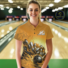 Load image into Gallery viewer, Custom Yellow Flame Bowling Tournament Women Polo Team Shirt, Fire Bowling League Shirt IPHW11219
