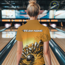 Load image into Gallery viewer, Custom Yellow Flame Bowling Tournament Women Polo Team Shirt, Fire Bowling League Shirt IPHW11219