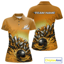 Load image into Gallery viewer, Custom Yellow Flame Bowling Tournament Women Polo Team Shirt, Fire Bowling League Shirt IPHW11219