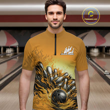 Load image into Gallery viewer, Custom Yellow Flame Bowling Tournament Men Quarter-Zip Team Shirt, Fire Bowling League Shirt IPHW11219