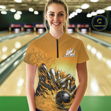 Load image into Gallery viewer, Custom Yellow Flame Bowling Tournament Women Quarter-Zip Shirt, Bowling League Shirt IPHW11219