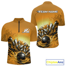 Load image into Gallery viewer, Custom Yellow Flame Bowling Tournament Men Quarter-Zip Team Shirt, Fire Bowling League Shirt IPHW11219