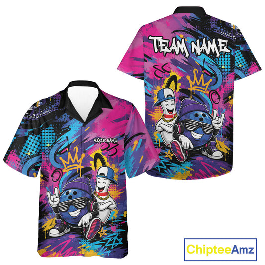 Custom Funny Colorful Graffity Hiphop Bowling Ball And Pin Bowling Men And Women Button Up Shirt IPHW11800
