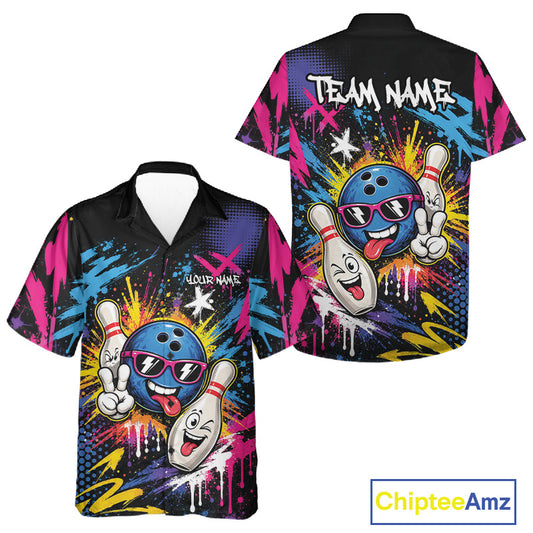 Custom Funny Colorful Paint Splatter Bowling Men And Women Button Up Shirt, Graffity Bowling Jersey IPHW11803
