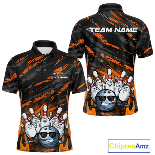 Custom Orange Camo Funny Flame Bowling Men Polo Shirts, Bowling Team League Shirt IPHW10091