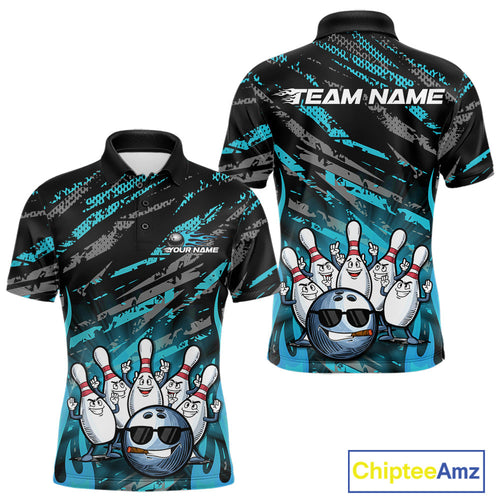 Custom Blue Camo Funny Flame Bowling Men Polo Shirts, Bowling Team League Shirt IPHW10092
