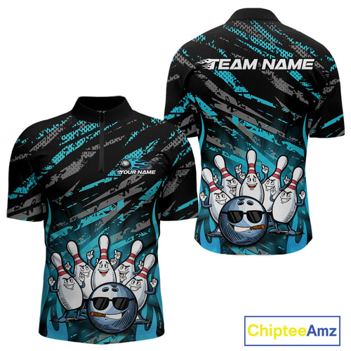 Custom Blue Camo Funny Flame Bowling Men Quarter-Zip Shirts, Bowling Team League Shirt IPHW10092