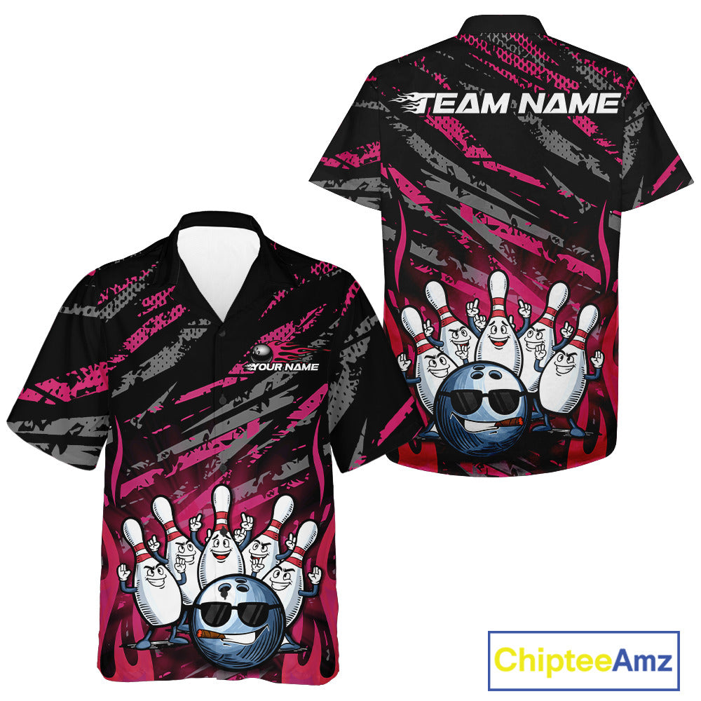 Custom Pink Camo Funny Flame Bowling Men And Women Hawaiian Shirts, Bowling Team League Shirt IPHW10093