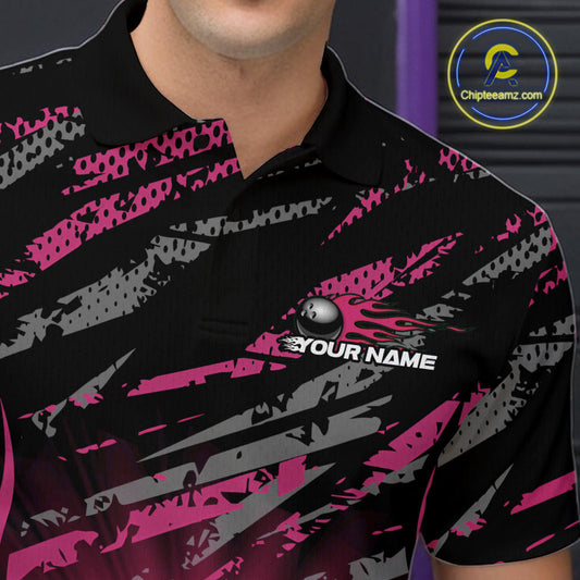 Custom Pink Camo Funny Flame Bowling Men Polo Shirts, Bowling Team League Shirt IPHW10093