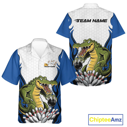 Custom Funny Alligator Bowling Men And Women Hawaiian Shirt, Alligator Blue Bowling Team League Shirt IPHW10684
