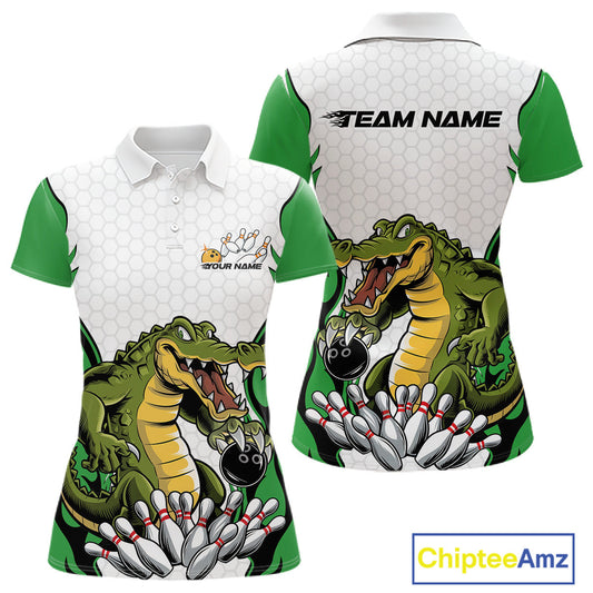 Custom Funny Alligator Bowling Women Polo Shirt, Alligator Green Bowling Team League Shirt IPHW10685